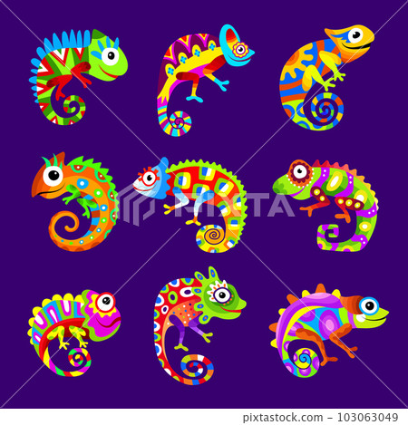 Chameleons. Stylized colored chameleons with colorful skin recent vector lizard pictures set Chameleons. Stylized colored chameleons with colorful skin recent vector lizard pictures set 103063049