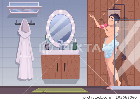 Shower. Fast daily morning routine people bathing exact vector cartoon templates Shower. Fast daily morning routine people bathing exact vector cartoon templates 103063060