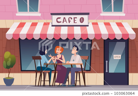 Cafe exterior. People happy couple sitting and relax on terrace exact vector background Cafe exterior. People happy couple sitting and relax on terrace exact vector background 103063064