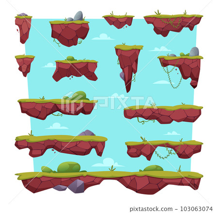 Ground with bushes. Game cartoon assets of ground landscapes different forms exact vector templates 103063074