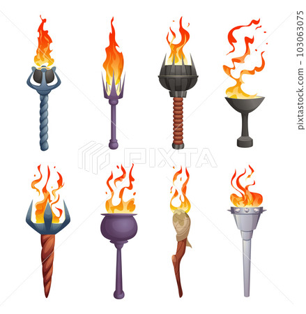 Torch flame. Various stick with burning flame ancient illumination tools exact vector cartoon torchlight 103063075