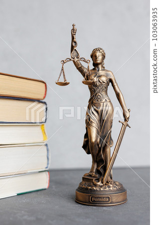 themis goddess of justice statuette, symbol of law with scales and sword in his hands 103063935