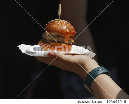 Closeup of hand holding burger at the farmers market. Closeup of hand holding burger at the farmers market. 103063946