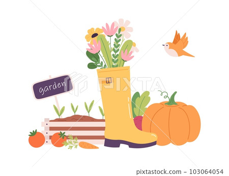 Harvest garden cartoon composition. Flowers in yellow rubber boot, pumpkin, carrot and tomatoes. Agriculture concept with tiny bird, vector graphic Harvest garden cartoon composition. Flowers in yellow rubber boot, pumpkin, carrot and tomatoes. Agriculture concept with tiny bird, vector graphic 103064054