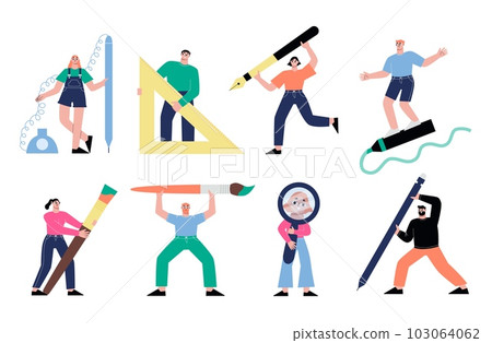People with stationery, tiny men and women and giant pen, pencil, magnifying glass. Artists and office characters, creative designers sapid vector persons 103064062