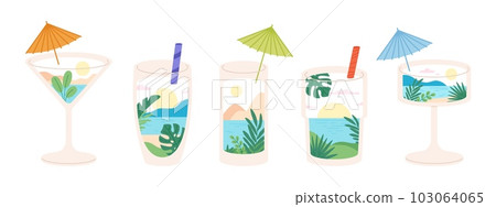 Summer in cocktails glass. Natural cocktail, vacation in margarita glasses. Abstract beach bar elements, creative graphic vacation racy vector design Summer in cocktails glass. Natural cocktail, vacation in margarita glasses. Abstract beach bar elements, creative graphic vacation racy vector design 103064065