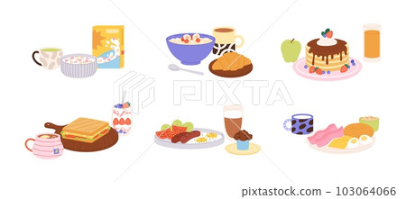 Served different breakfast food. Appetizing porridge, fruit and juice. Healthy meal and coffee, morning dishes serving. Isolated lunch racy vector set Served different breakfast food. Appetizing porridge, fruit and juice. Healthy meal and coffee, morning dishes serving. Isolated lunch racy vector set 103064066