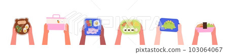 Kids holding lunch boxes, kindergarten breakfast take away. Children eating in school, pupils with vibrant food box, racy vector background Kids holding lunch boxes, kindergarten breakfast take away. Children eating in school, pupils with vibrant food box, racy vector background 103064067