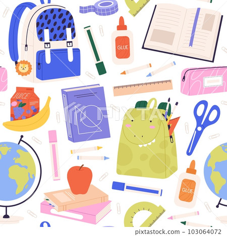 Stationery seamless pattern. School backpack, books and pencil. Cartoon study time fabric print. Education supplies, globe, racy vector background Stationery seamless pattern. School backpack, books and pencil. Cartoon study time fabric print. Education supplies, globe, racy vector background 103064072