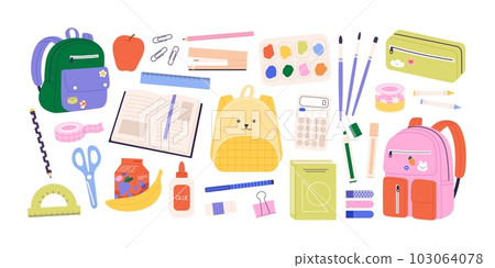 Back to school collection, accessories and stationery. Isolated children education tools, book and backpacks. Kindergarten study racy vector clipart 103064078