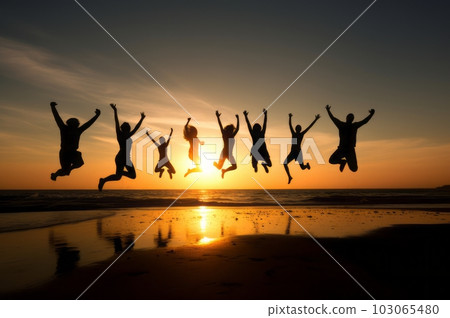 People dancing and jumping on the beach at sunset, Generative AI AI image People dancing and jumping on the beach at sunset, Generative AI AI image 103065480