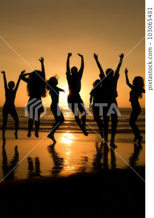 People dancing and jumping on the beach at sunset, Generative AI AI image People dancing and jumping on the beach at sunset, Generative AI AI image 103065481