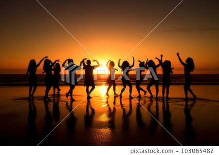 People dancing and jumping on the beach at sunset, Generative AI AI image 103065482