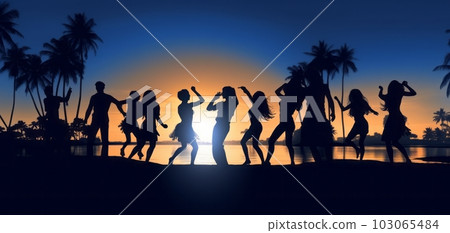 人們在日落時在沙灘上跳舞和跳躍,生成 AI AI 圖像 人們在日落時在沙灘上跳舞和跳躍,生成 AI AI 圖像 103065484