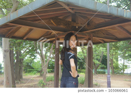 Healthy tall beautiful woman walking in the forest 103066061