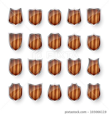 Set of wooden vintage shield icons. Black heraldic shields. Protection and security symbol, label. Vector illustration Set of wooden vintage shield icons. Black heraldic shields. Protection and security symbol, label. Vector illustration 103066119