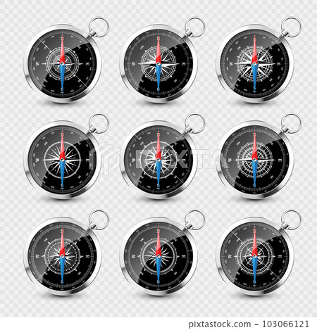 Vintage compass, marine wind rose with cardinal directions of North, East, South, West. Realistic silver navigational compass, shiny metal. Cartography and navigation. Vector illustration. 103066121