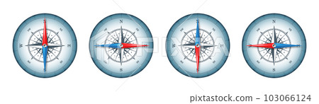 Marine compass, nautical wind rose with cardinal directions of North, East, South, West and degree markings. Geographical position and orientation, cartography and navigation. Vector illustration 103066124