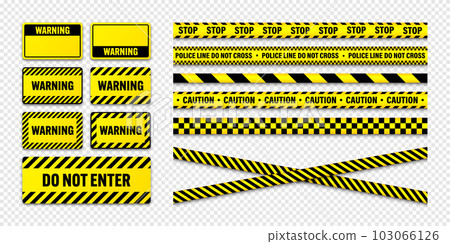 Various barricade construction tapes and warning shields. Yellow police warning line, brightly colored danger or hazard stripe, ribbon. Restricted area, zone. Attention symbol. Vector illustration 103066126