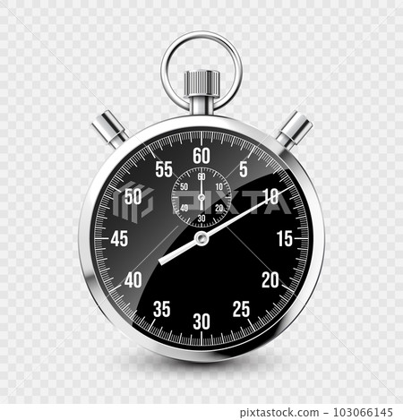 Realistic classic stopwatch. Shiny metal chronometer, time counter with dial. Countdown timer showing minutes and seconds. Time measurement for sport, start and finish. Vector illustration Realistic classic stopwatch. Shiny metal chronometer, time counter with dial. Countdown timer showing minutes and seconds. Time measurement for sport, start and finish. Vector illustration 103066145