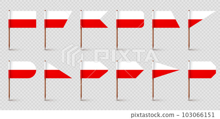 Polish toothpick flags. Souvenir from Poland. Wooden toothpicks with paper flag. Location mark, map pointer. Blank mockup for advertising and promotions. Vector illustration Polish toothpick flags. Souvenir from Poland. Wooden toothpicks with paper flag. Location mark, map pointer. Blank mockup for advertising and promotions. Vector illustration 103066151