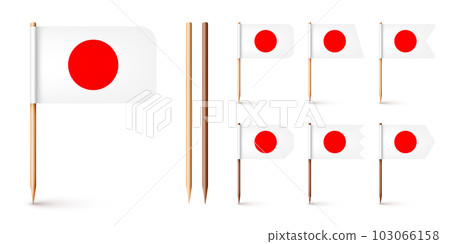 Realistic various Japanese toothpick flags. Souvenir from Japan. Wooden toothpicks with paper flag. Location mark, map pointer. Blank mockup for advertising and promotions. Vector illustration Realistic various Japanese toothpick flags. Souvenir from Japan. Wooden toothpicks with paper flag. Location mark, map pointer. Blank mockup for advertising and promotions. Vector illustration 103066158
