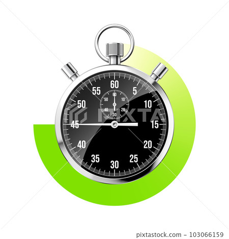 Realistic classic stopwatch. Shiny metal chronometer, black time counter with dial. Green countdown timer showing minutes, seconds. Time measurement for sport, start and finish. Vector illustration Realistic classic stopwatch. Shiny metal chronometer, black time counter with dial. Green countdown timer showing minutes, seconds. Time measurement for sport, start and finish. Vector illustration 103066159