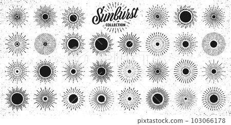 Vintage grunge sunburst, sunset beams. Hand drawn bursting sun, light rays. Logotype or lettering design element in retro style. Vector illustration 103066178