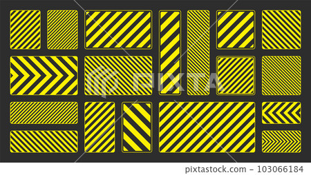 Various yellow warning signs with diagonal lines. Attention, danger or caution sign, construction site signage. Realistic notice signboard, warning banner, road shield. Vector illustration Various yellow warning signs with diagonal lines. Attention, danger or caution sign, construction site signage. Realistic notice signboard, warning banner, road shield. Vector illustration 103066184