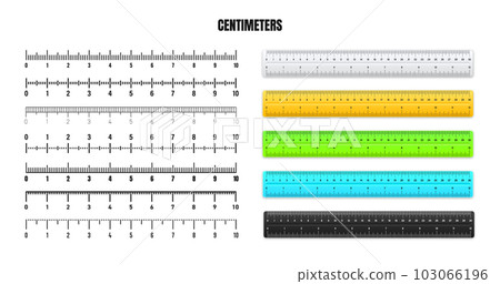 Realistic metal rulers with black centimeter scale for measuring length or height. Various measurement scales with divisions. Ruler, tape measure marks, size indicators. Vector illustration 103066196