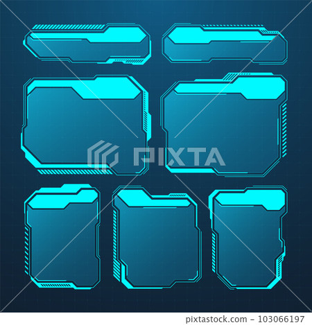 Blue futuristic HUD or UI elements. Sci-fi user interface text boxes, callouts. Warning message frames, information boxes template. Modern game interface layout in digital style. Vector illustration Blue futuristic HUD or UI elements. Sci-fi user interface text boxes, callouts. Warning message frames, information boxes template. Modern game interface layout in digital style. Vector illustration 103066197