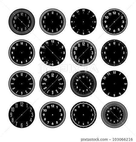 Mechanical clock faces, watch dial with numerals, bezel. Timer or stopwatch element with minute, hour marks and numbers. Blank measuring circle scale with divisions. Vector illustration 103066216