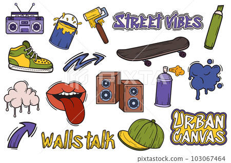 Set of Street Art Icons. Graffiti, Skateboard, Hip-hop Sneakers and Cap, Dynamics, Roller with Paint, Mouth with Tongue 103067464