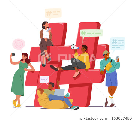 Tiny Characters With Smartphones Gather Near Huge Red Hashtag Sign, Representing The Digital Era's Influence Tiny Characters With Smartphones Gather Near Huge Red Hashtag Sign, Representing The Digital Era's Influence 103067499
