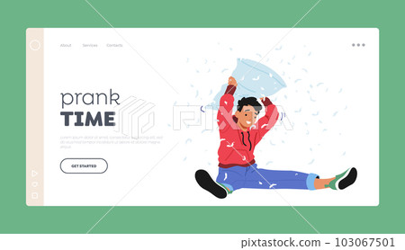 Prank Time Landing Page Template. Boy Character Tossing Pillow, Feathers Swirling In The Air, Creating A Playful Scene Prank Time Landing Page Template. Boy Character Tossing Pillow, Feathers Swirling In The Air, Creating A Playful Scene 103067501
