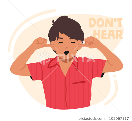 Small Boy Plugs Ears With Index Fingers, Ignores Loud Sound, I Dont Hear You Concept with Little Child Cover Ears 103067517