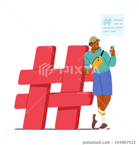 Tiny Man With Smartphone Near Huge Hashtag Sign Represents The Influence Of Social Media On Our Lives 103067522