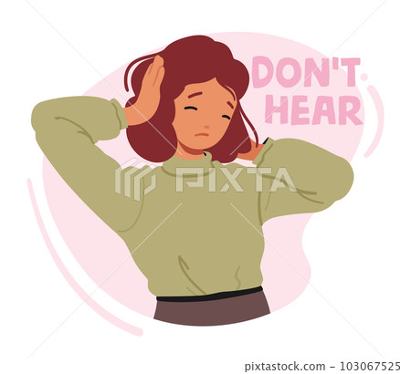 Upset Little Girl Dont Want To Hear And Listen. Frustrated Annoyed Irritated Child Covering Ears And Gesturing No 103067525