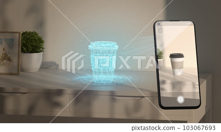 White cup hologram stand on table phone display augmented reality 103067693