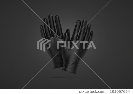 Blank black rubber gloves mockup, front and back, dark background 103067694