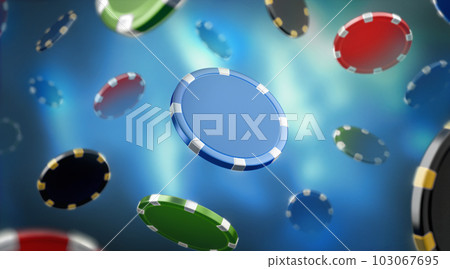 Colored plastic chip mockup no gravity, blue blur background Colored plastic chip mockup no gravity, blue blur background 103067695