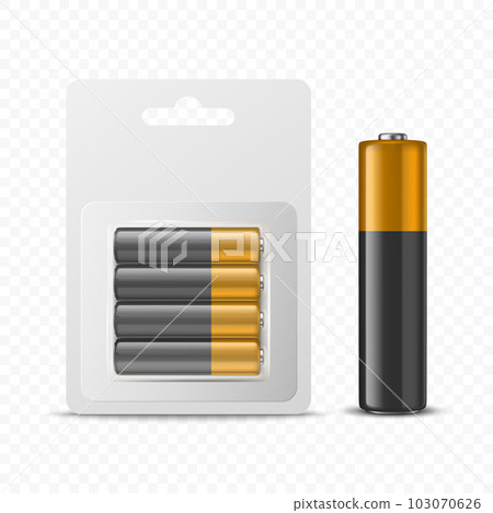 Vector 3d Realistic Four Alkaline Battery in Paper Blister and Single Battery Icon Closeup Set Isolated. AA Size, Horizontal Position. Design Template for Branding, Mockup. Vector Illustration Vector 3d Realistic Four Alkaline Battery in Paper Blister and Single Battery Icon Closeup Set Isolated. AA Size, Horizontal Position. Design Template for Branding, Mockup. Vector Illustration 103070626