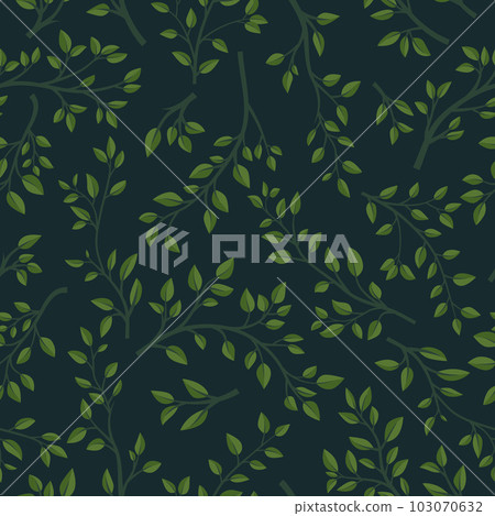 Vector Seamless Pattern with Green Tree Brunches on Black. Flat Cartoon Twig with Green Leaves. Spring, Summer Design - Leaves, Brunches, Plants, Herbs. Vector Illustration 103070632