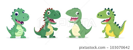 Vector Cute Kind Baby Kid Smiling Dinosaur Set. Happy Cartoon Green Dinosaur Tyrannosaurus Rex, Tyrex Collection in Flat Style Isolated 103070642
