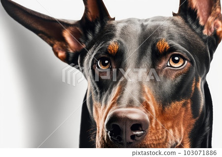 Close up of black-brown Doberman Pinscher dog in white background. Generative AI AIG16. 103071886