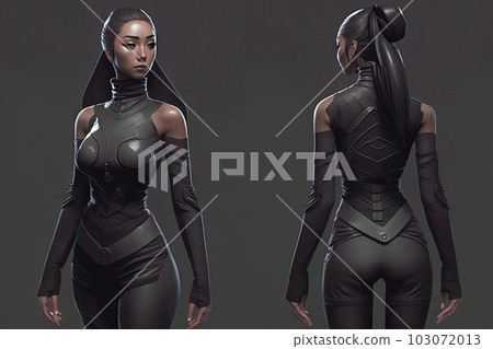 Ilustração do Stock: A woman as a black bodysuit ninja, sci-fi