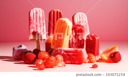 Popsicle ice cream from fresh juicy berries, close-up selective focus bright summer pink background. Cooling summer desserts treat 103072259