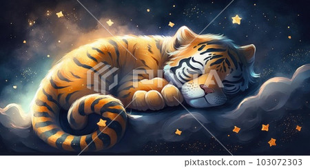 A cute and adorable tiger is sleeping under night sky between stars pillow 103072303