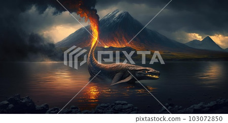 Prehistoric creature or dinosaur in the wild nature. Realistic style drawing. Prehistoric creature or dinosaur in the wild nature. Realistic style drawing. 103072850