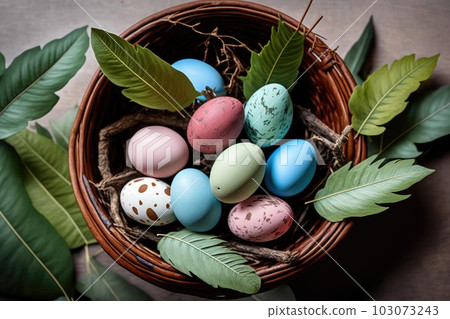 Easter eggs in basket. Colorful Easter festival celebration. 103073243